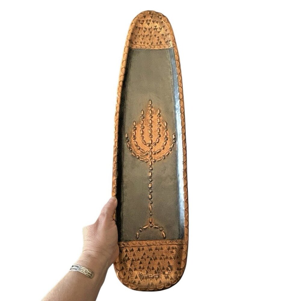Vintage Israeli Hammered Copper Wall Tray Hand-Etched Menorah Mid-Century Art